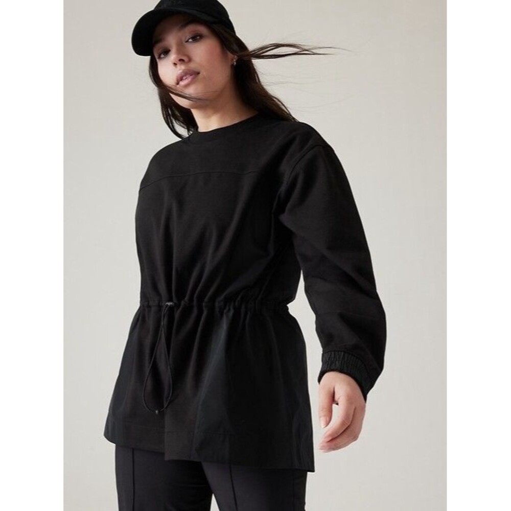 Athleta S Triumph Hybrid Crewneck Sweatshirt Black Cinch Waist Adjustable Toggle